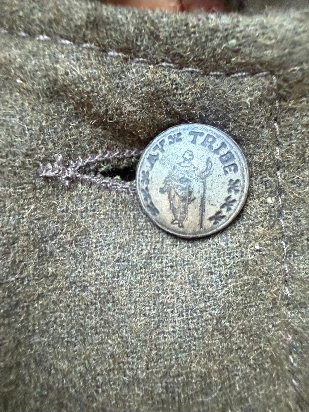 Military-Style Olive Green Button wool and leather Jacket by My Tribe size Large - Picture 8 of 15